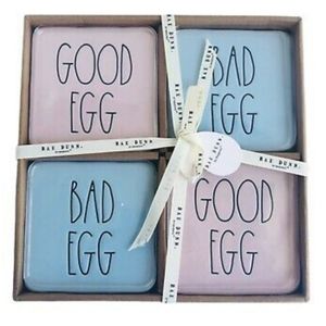 Rae Dunn Good Egg & Bad Egg Easter Coasters Set Of 4 Pink & Blue New With Tags